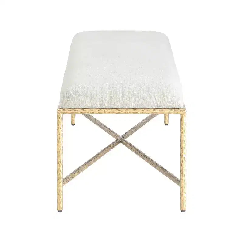 Banc rembourré en tissu chenille beige avec structure en fer laitonné, 137 cm