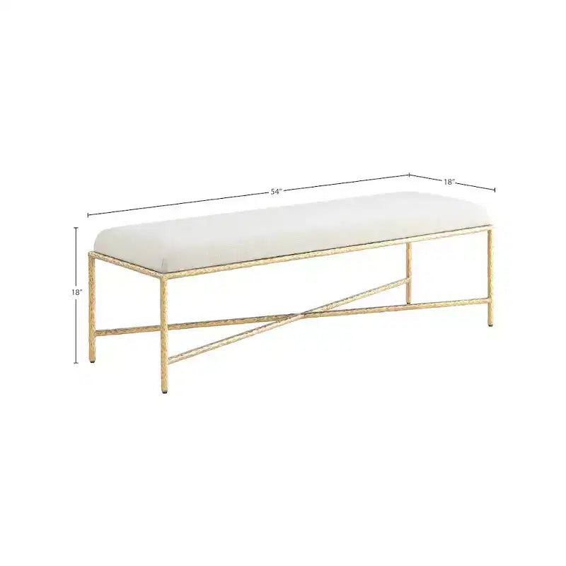Banc rembourré en tissu chenille beige avec structure en fer laitonné, 137 cm