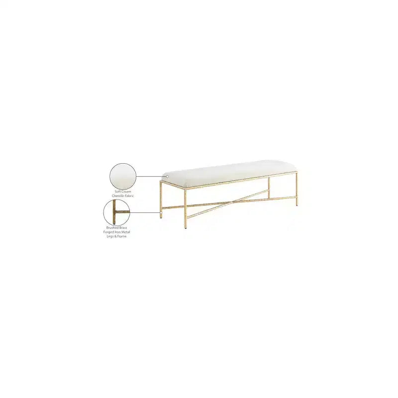 Banc rembourré en tissu chenille beige avec structure en fer laitonné, 137 cm