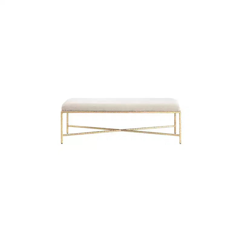 Banc rembourré en tissu chenille beige avec structure en fer laitonné, 137 cm
