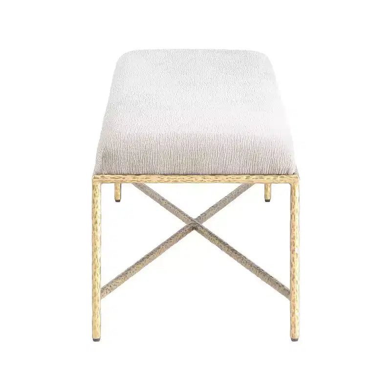 Banc rembourré en tissu chenille beige avec structure en fer laitonné, 137 cm