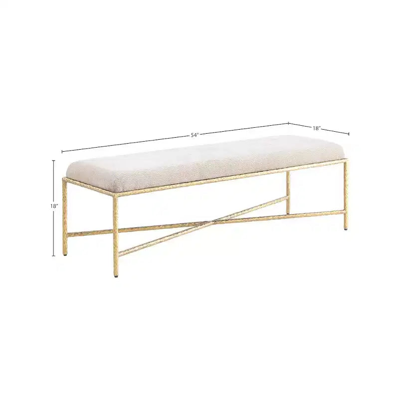 Banc rembourré en tissu chenille beige avec structure en fer laitonné, 137 cm