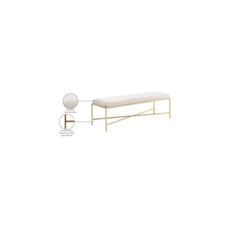 Banc rembourré en tissu chenille beige avec structure en fer laitonné, 137 cm