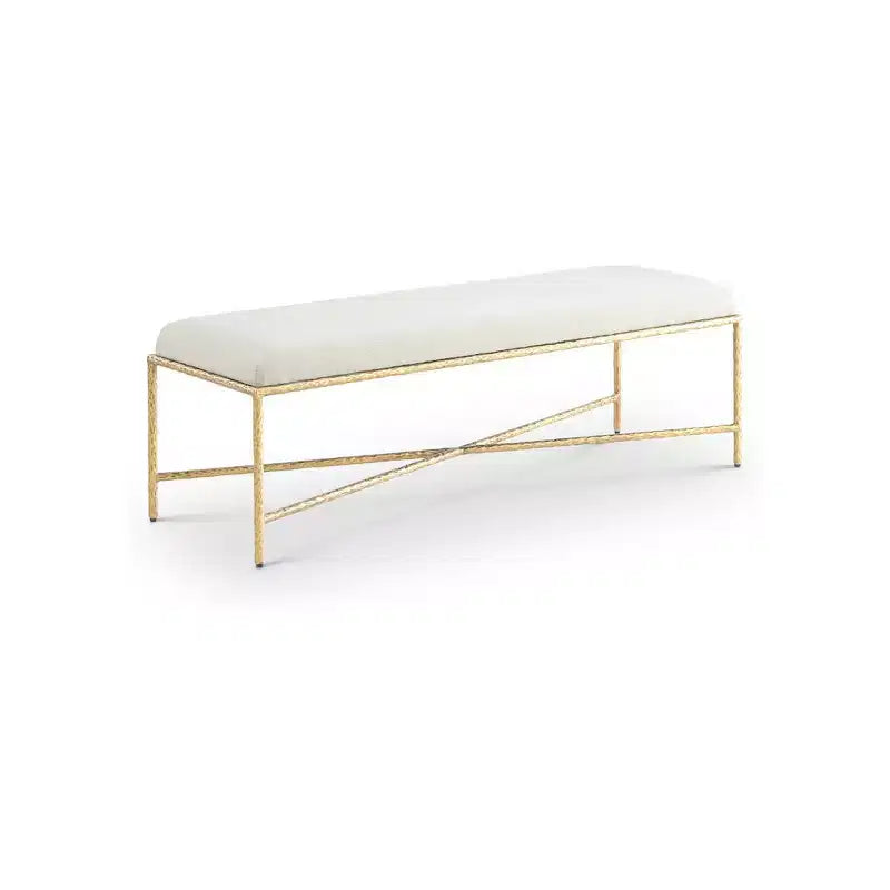 Banc rembourré en tissu chenille beige avec structure en fer laitonné, 137 cm