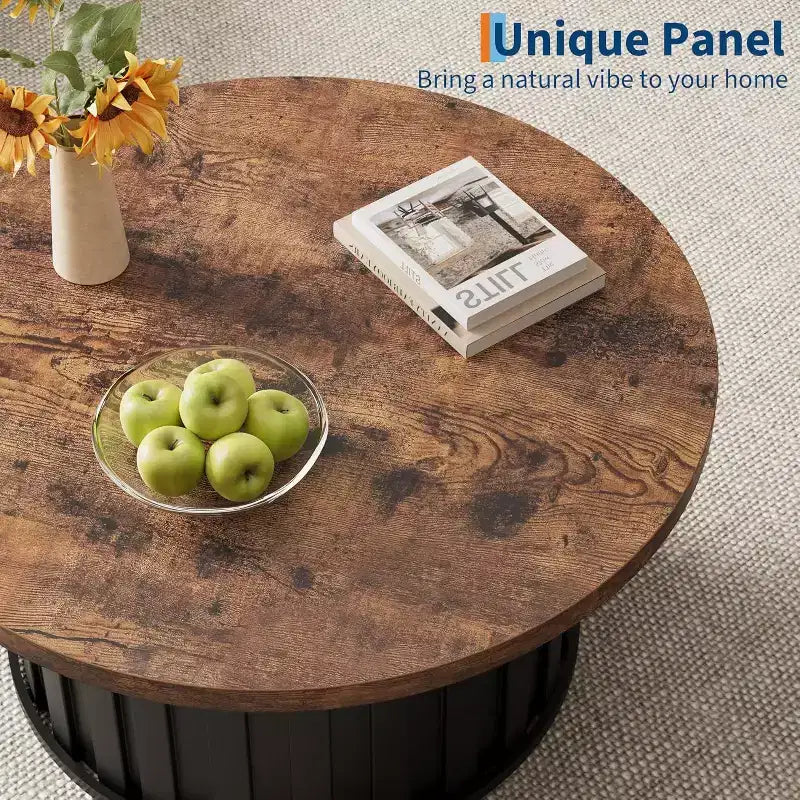 Table basse ronde moderne, forme champignon cannelée, plateau en MDF, base en métal noir, 31,9, assemblage facile