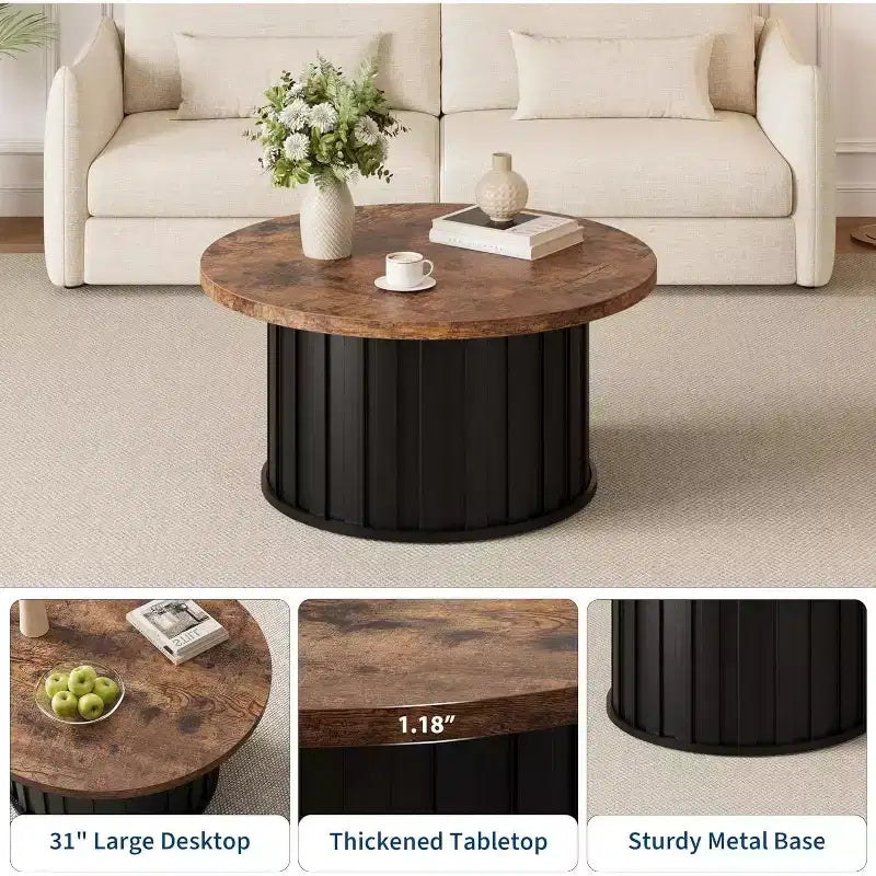 Table basse ronde moderne, forme champignon cannelée, plateau en MDF, base en métal noir, 31,9, assemblage facile