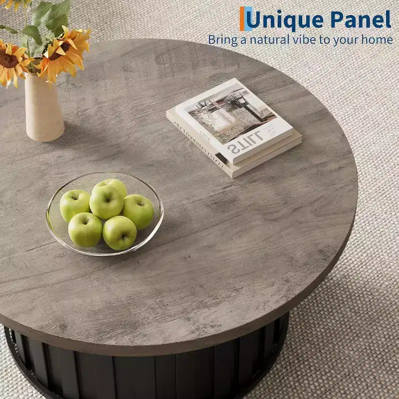 Table basse ronde moderne, forme champignon cannelée, plateau en MDF, base en métal noir, 31,9, assemblage facile