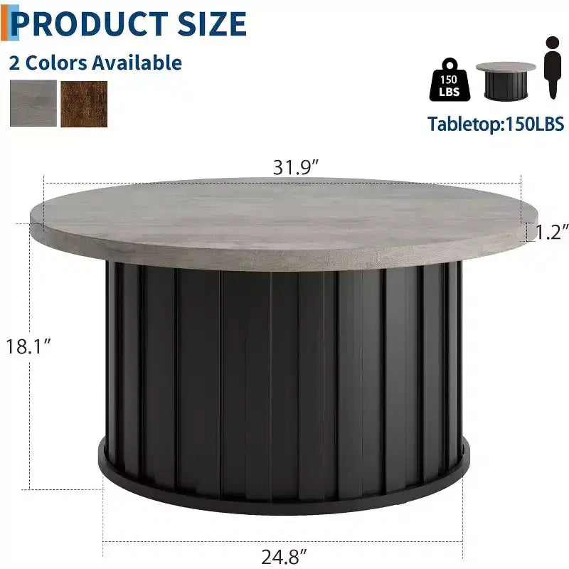 Table basse ronde moderne, forme champignon cannelée, plateau en MDF, base en métal noir, 31,9, assemblage facile