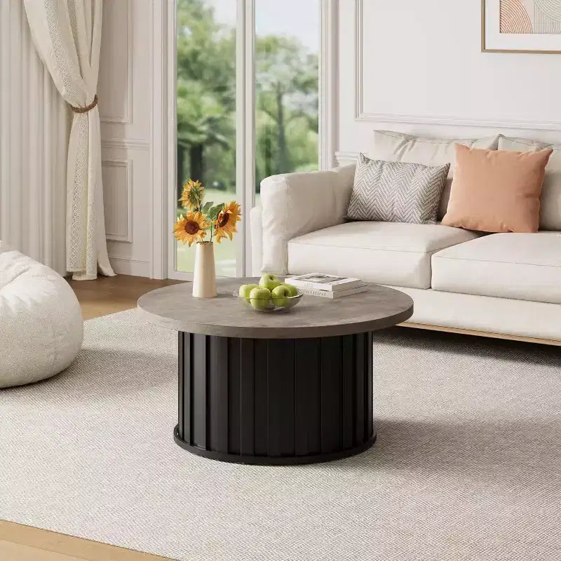 Table basse ronde moderne, forme champignon cannelée, plateau en MDF, base en métal noir, 31,9, assemblage facile