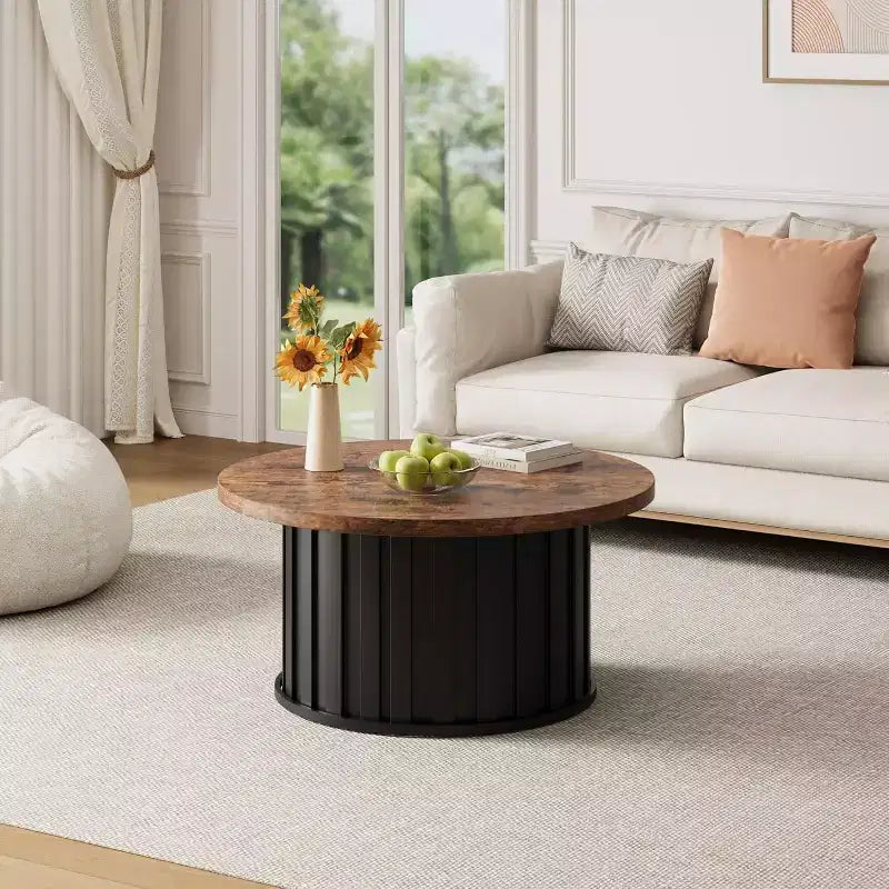 Table basse ronde moderne, forme champignon cannelée, plateau en MDF, base en métal noir, 31,9, assemblage facile