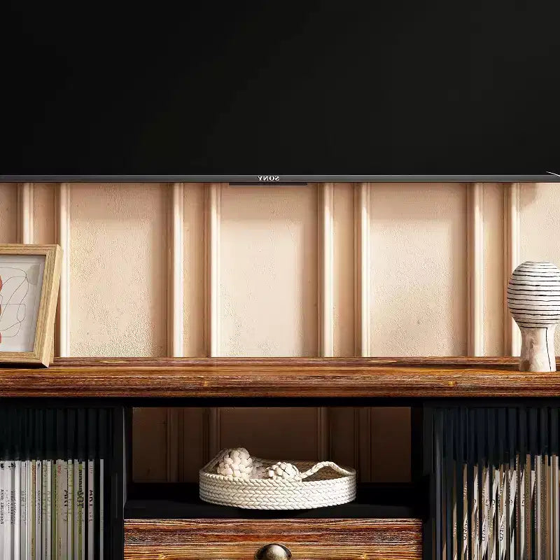 Meuble TV console moderne en bois de sapin et fer, grand tiroir de rangement, étagère ouverte, convient aux TV jusqu'à 55", 62,99" x 15,75" x 18,70"