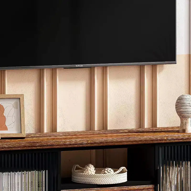 Meuble TV console moderne en bois de sapin et fer, grand tiroir de rangement, étagère ouverte, convient aux TV jusqu'à 55", 62,99" x 15,75" x 18,70"