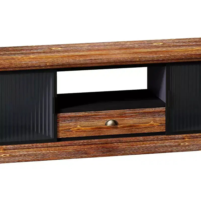 Meuble TV console moderne en bois de sapin et fer, grand tiroir de rangement, étagère ouverte, convient aux TV jusqu'à 55", 62,99" x 15,75" x 18,70"