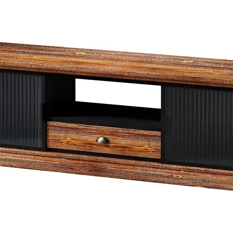 Meuble TV console moderne en bois de sapin et fer, grand tiroir de rangement, étagère ouverte, convient aux TV jusqu'à 55", 62,99" x 15,75" x 18,70"
