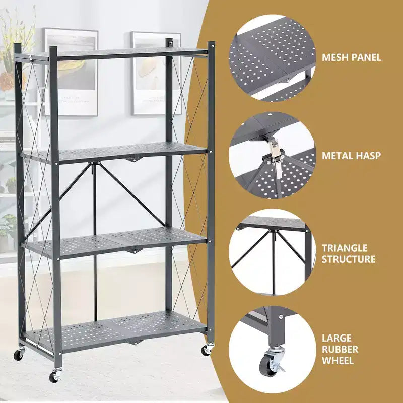 Étagères de rangement métalliques pliantes à 4 niveaux, gris