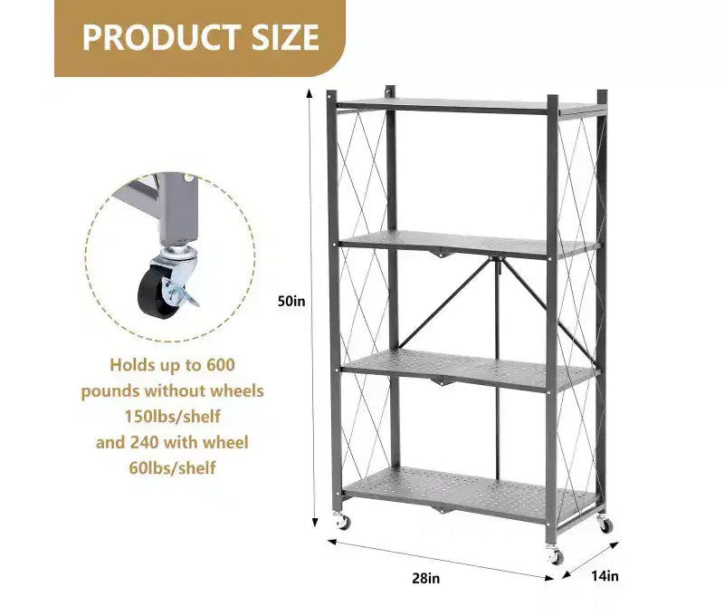 Étagères de rangement métalliques pliantes à 4 niveaux, gris