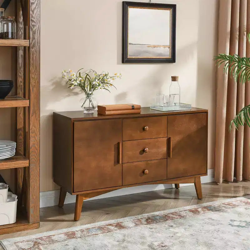 Buffet bahut de 120 cm avec 2 portes et 3 tiroirs, meuble console d'appoint pour cuisine, salle à manger, salon, noyer