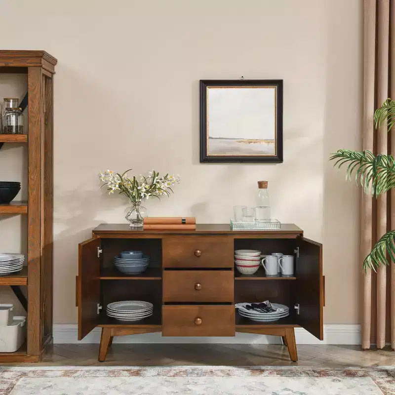Buffet bahut de 120 cm avec 2 portes et 3 tiroirs, meuble console d'appoint pour cuisine, salle à manger, salon, noyer
