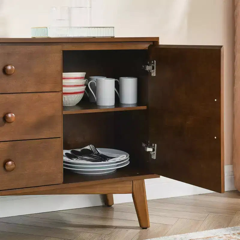 Buffet bahut de 120 cm avec 2 portes et 3 tiroirs, meuble console d'appoint pour cuisine, salle à manger, salon, noyer