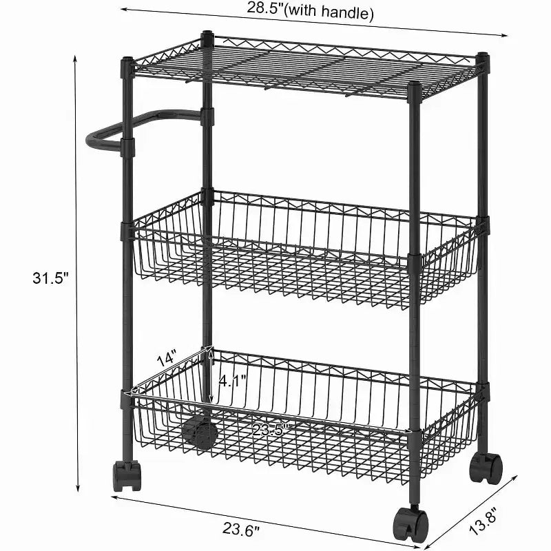Chariot roulant utilitaire robuste à 3 niveaux de 600 livres, étagères grillagées de qualité commerciale, roulettes à 360°