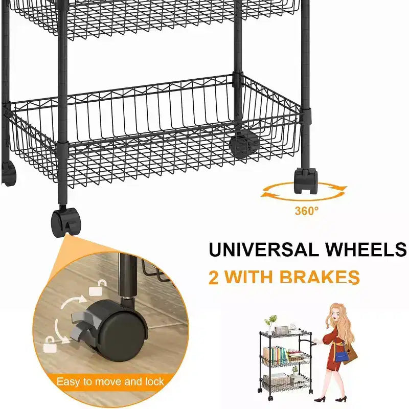 Chariot roulant utilitaire robuste à 3 niveaux de 600 livres, étagères grillagées de qualité commerciale, roulettes à 360°