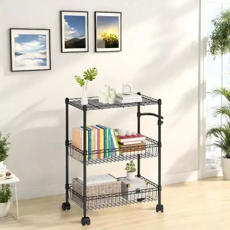 Chariot roulant utilitaire robuste à 3 niveaux de 600 livres, étagères grillagées de qualité commerciale, roulettes à 360°