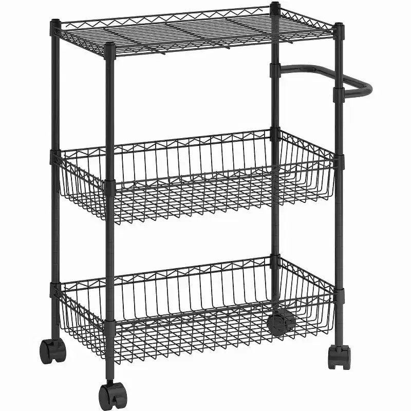 Chariot roulant utilitaire robuste à 3 niveaux de 600 livres, étagères grillagées de qualité commerciale, roulettes à 360°