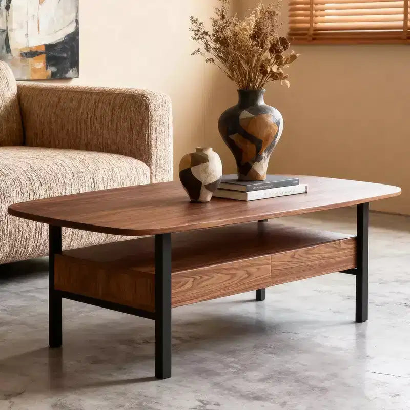 Table basse en bois de 120 cm avec tiroirs de rangement et étagère ouverte