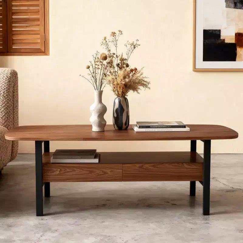 Table basse en bois de 120 cm avec tiroirs de rangement et étagère ouverte