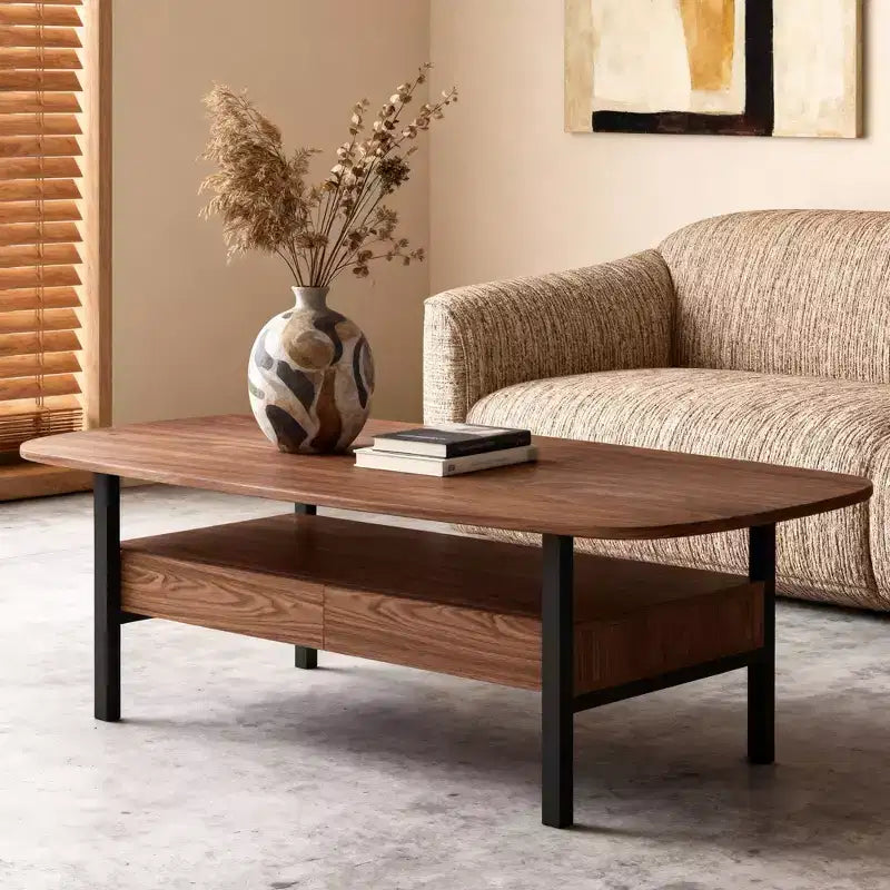 Table basse en bois de 120 cm avec tiroirs de rangement et étagère ouverte