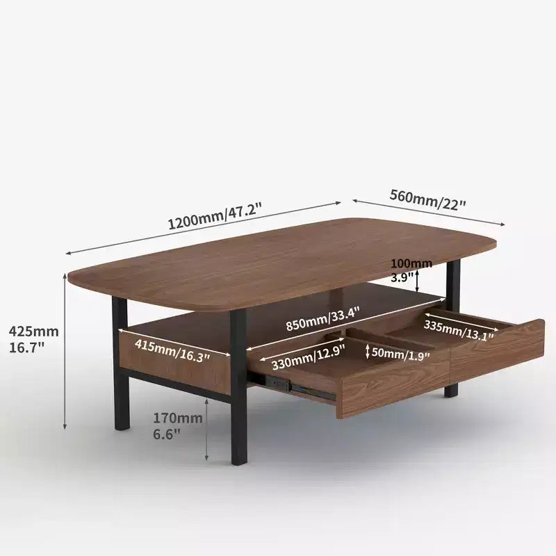 Table basse en bois de 120 cm avec tiroirs de rangement et étagère ouverte