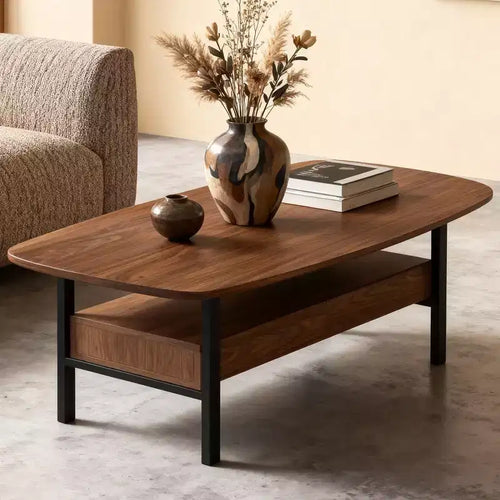 Table basse en bois de 120 cm avec tiroirs de rangement et étagère ouverte