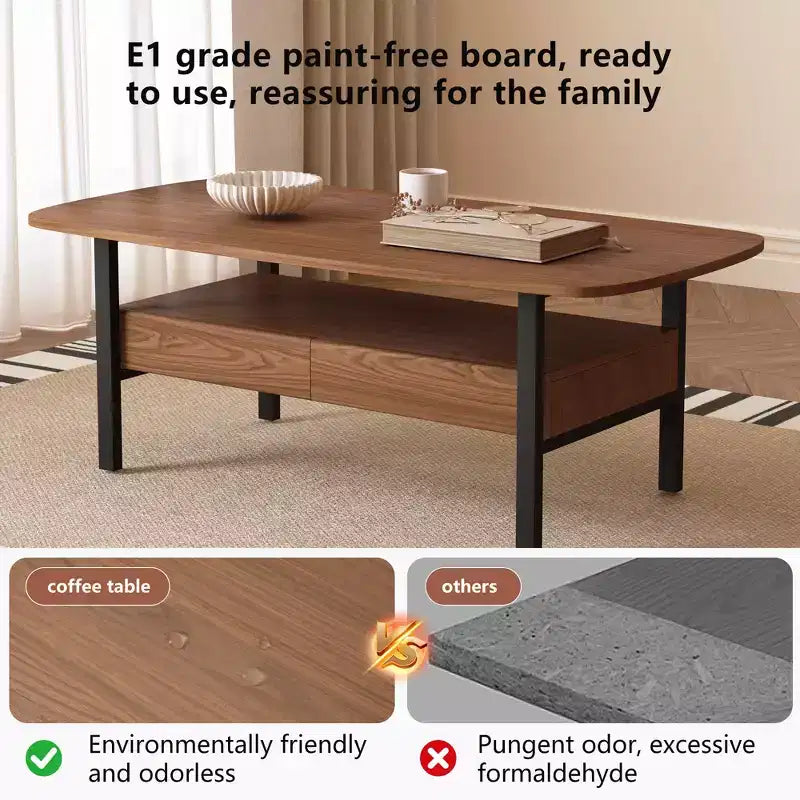 Table basse en bois de 120 cm avec tiroirs de rangement et étagère ouverte