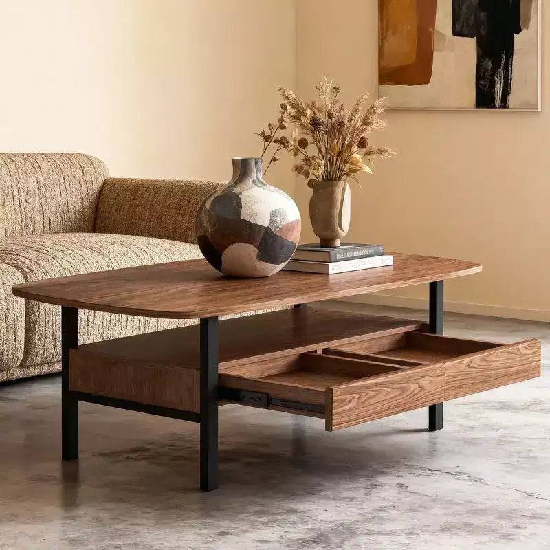 Table basse en bois de 120 cm avec tiroirs de rangement et étagère ouverte