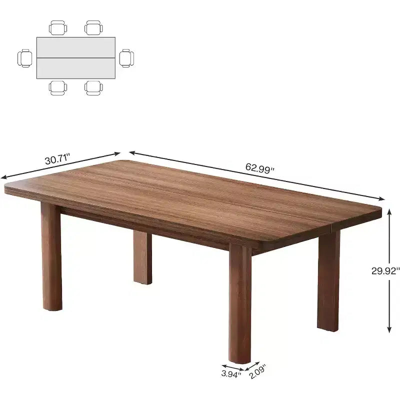 Table à manger en bois de ferme pour 4 à 6 personnes, grand rectangle de 160 cm, pieds en bois massif, marron