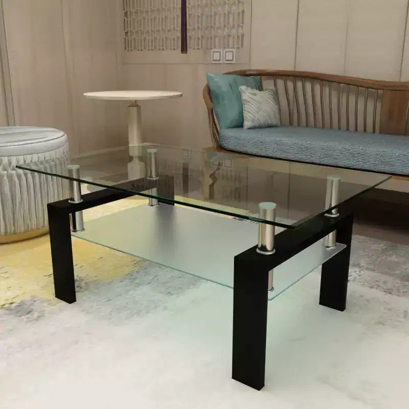 Table basse rectangulaire moderne en verre trempé et fer forgé avec étagère