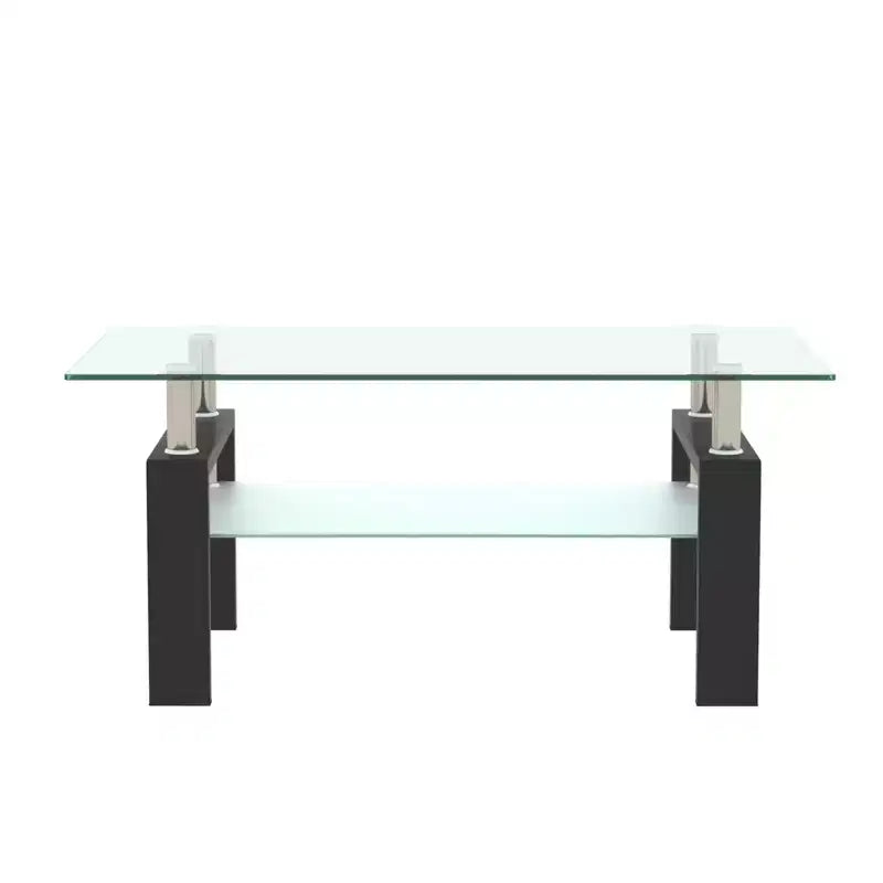 Table basse rectangulaire moderne en verre trempé et fer forgé avec étagère