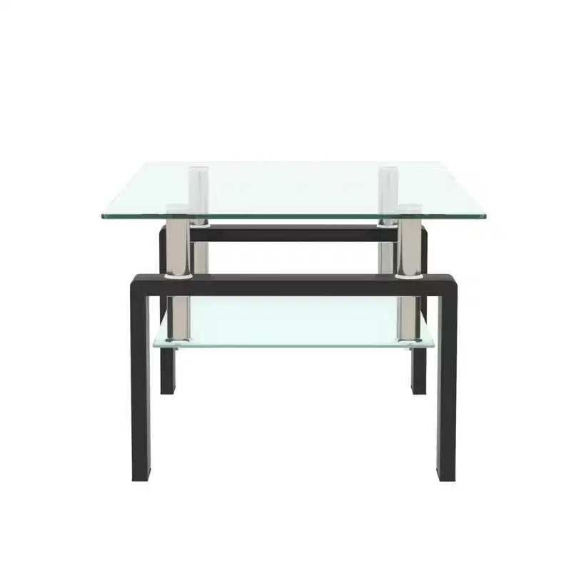 Table basse rectangulaire moderne en verre trempé et fer forgé avec étagère
