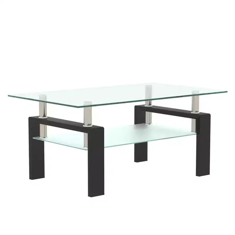 Table basse rectangulaire moderne en verre trempé et fer forgé avec étagère