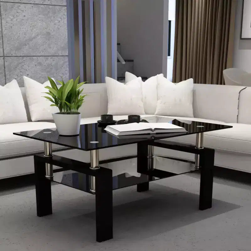 Table basse rectangulaire moderne en verre trempé et fer forgé avec étagère