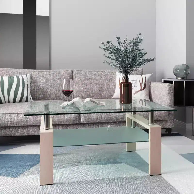 Table basse rectangulaire moderne en verre trempé et fer forgé avec étagère