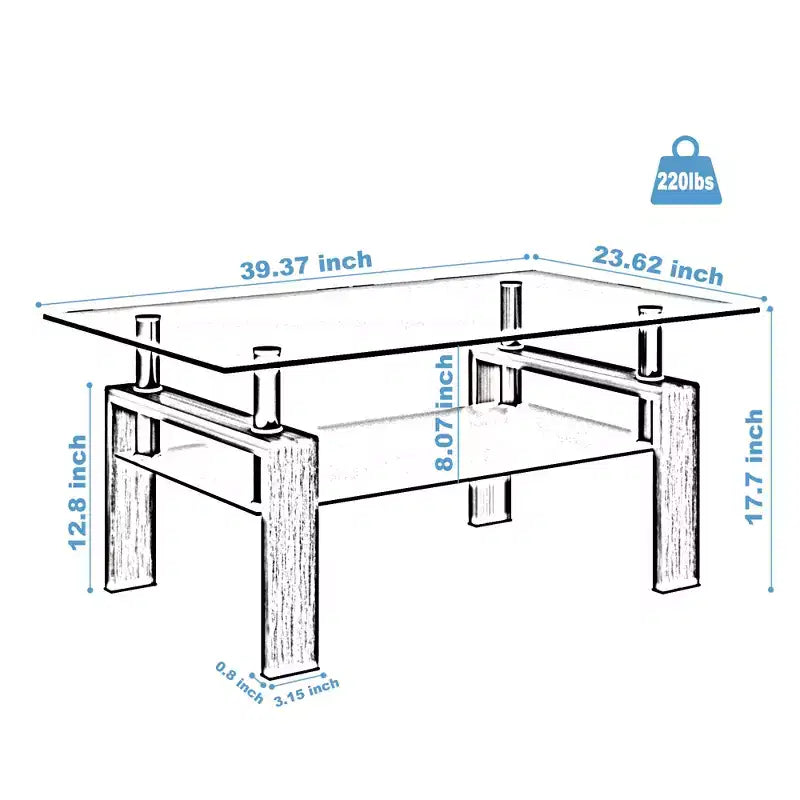 Table basse rectangulaire moderne en verre trempé et fer forgé avec étagère