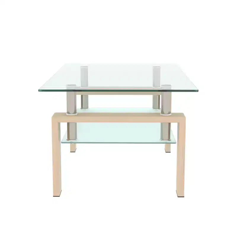 Table basse rectangulaire moderne en verre trempé et fer forgé avec étagère