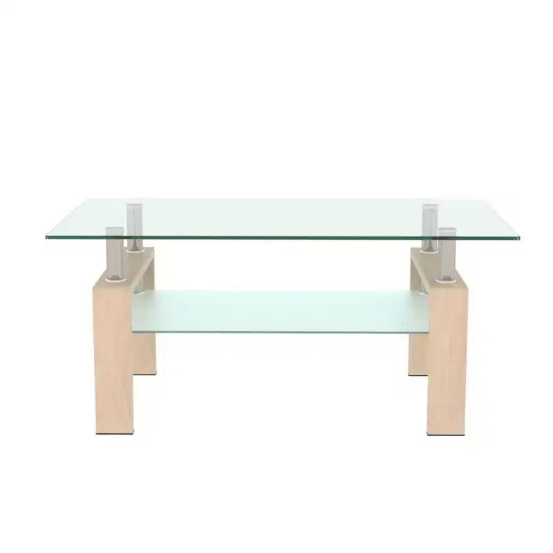 Table basse rectangulaire moderne en verre trempé et fer forgé avec étagère