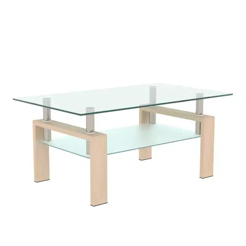 Table basse rectangulaire moderne en verre trempé et fer forgé avec étagère