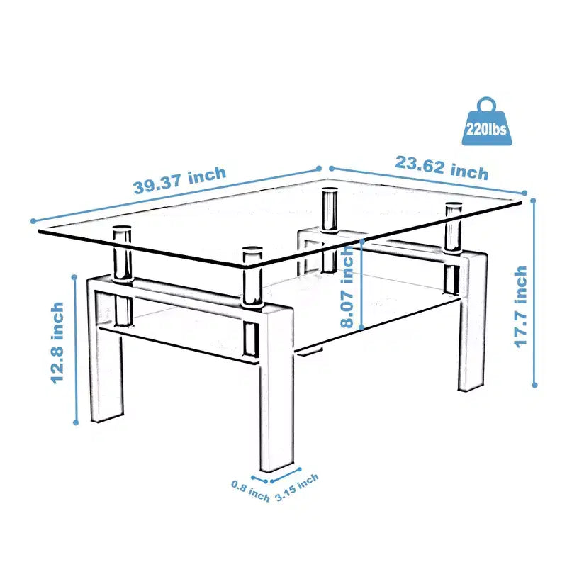 Table basse rectangulaire moderne en verre trempé et fer forgé avec étagère