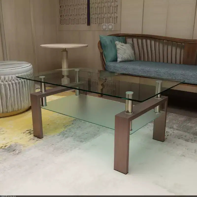 Table basse rectangulaire moderne en verre trempé et fer forgé avec étagère