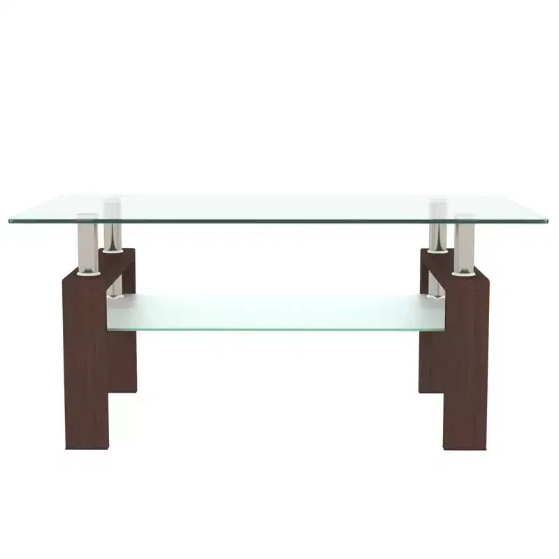 Table basse rectangulaire moderne en verre trempé et fer forgé avec étagère