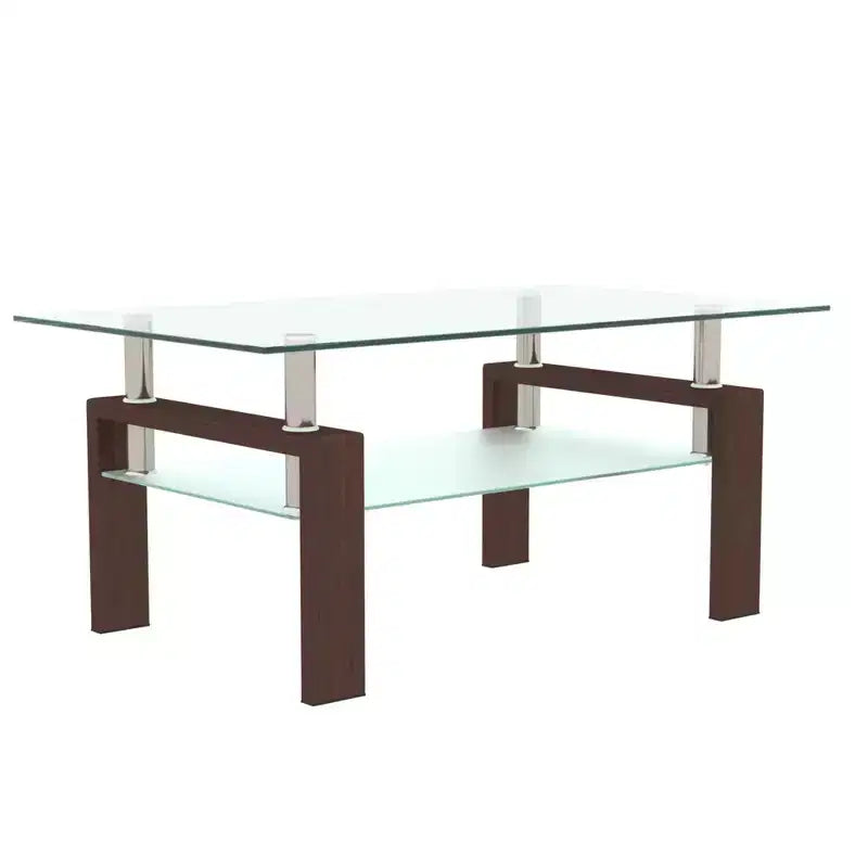 Table basse rectangulaire moderne en verre trempé et fer forgé avec étagère