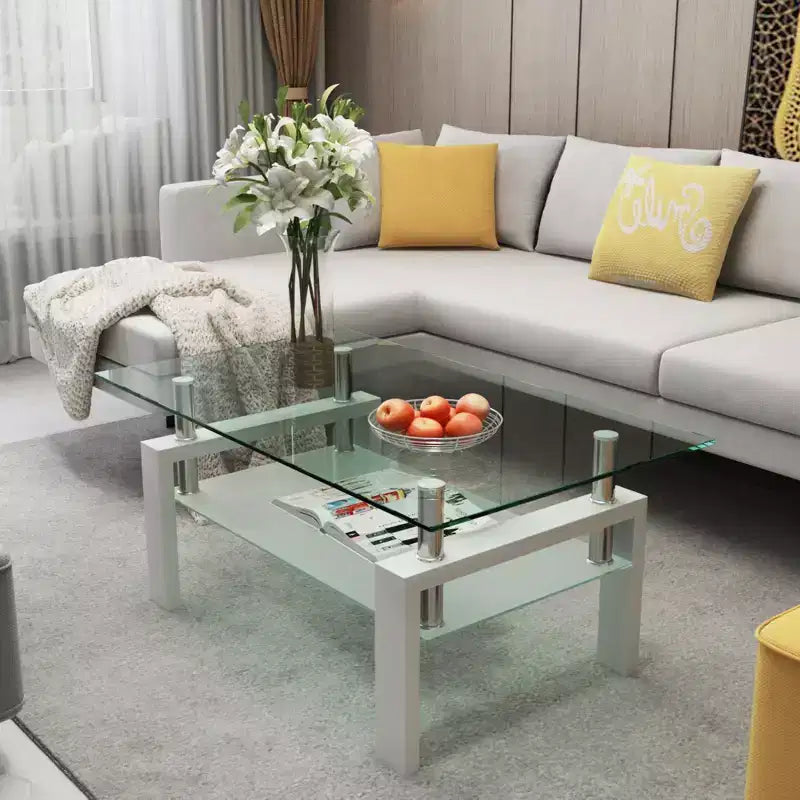 Table basse rectangulaire moderne en verre trempé et fer forgé avec étagère
